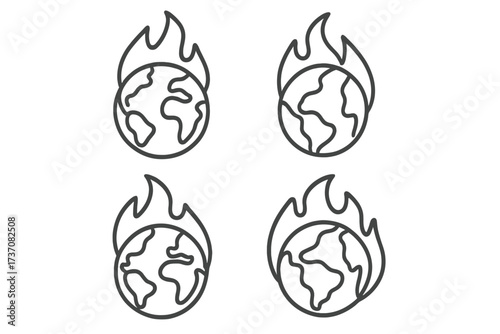 Planet on fire line icon collection. Global warming & climate change concept. Earth burning metaphor for environmental disaster, catastrophe, pollution, emergency & social issues.