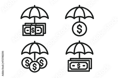 Money insurance line icon set, protection under umbrella symbol, financial security concept, cash and coins shield, finance safety, investment protection graphic, vector illustration