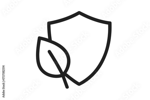 Ecology protection icon with leaf and shield. Natural defense concept. Environmental safety, green security symbol. Plant based immunity, vegan, bio, organic, sustainable logo.