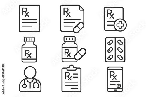 Medical prescription thin icons collection, editable stroke vector set with pills, bottles, doctor, clipboard, smartphone app, healthcare, pharmacy, medicine, web, books, cards