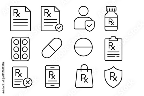Medical prescription thin icons set with editable stroke, vector cartoon illustration for websites, books, cards, and apps, transparent background, healthcare and pharmacy symbols collection