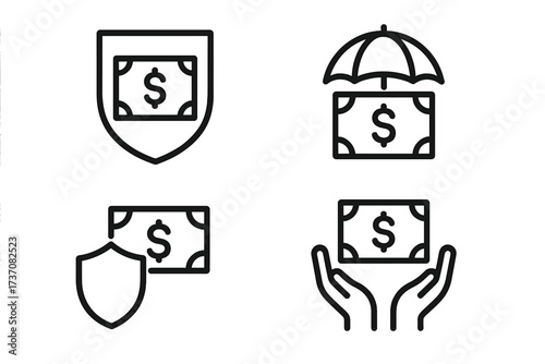 Modern money insurance icons set. Outline style vector illustration of financial protection, secure cash, safe investment, monetary shield, umbrella shield, and hands holding money for apps and design