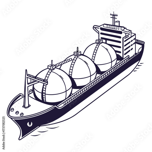Illustration of a large cargo ship with spherical tanks transporting liquified gas across the ocean