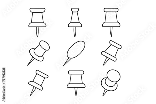 Push pin, thumbtack and drawing pin icon collection. Line art vector set for marking, attaching, noticeboard, bulletin board, school, office, map marker, and stationery design.