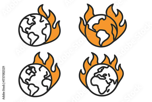 Planet on fire icon set. Global warming, climate change concept. Vector illustration of Earth burning. Environmental disaster, apocalypse, ecology crisis symbol for design, apps.