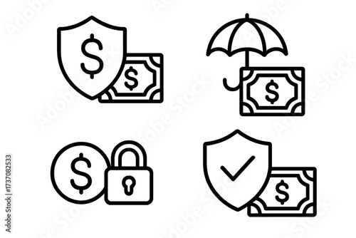 Money insurance icons set, modern outline style vector, financial protection symbols with dollar bills, shield, umbrella, padlock, secure investment, finance, cards, apps, social networks