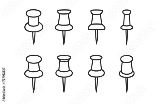 Push pin and thumbtack line icon set. Office and school stationery supplies. Drawing pin outline symbol collection for web, location marker, or noticeboard. Simple vector.