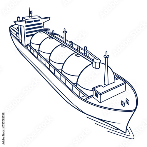 Illustration of a large liquefied natural gas carrier ship with spherical tanks in a clean outline drawing style