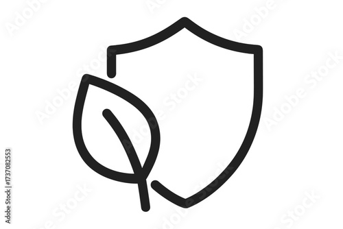 Shield and leaf icon. Eco protect concept. Environmental safety. Natural, organic, bio, vegan product. Plant based. Sustainable. Green energy. Nature care symbol.