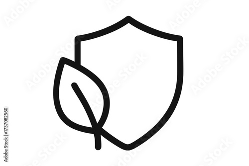 Eco shield with leaf logo. Environmental protection icon. Natural secure symbol. Organic safety and quality. Green defense concept. Ecology guard. Vector line illustration.