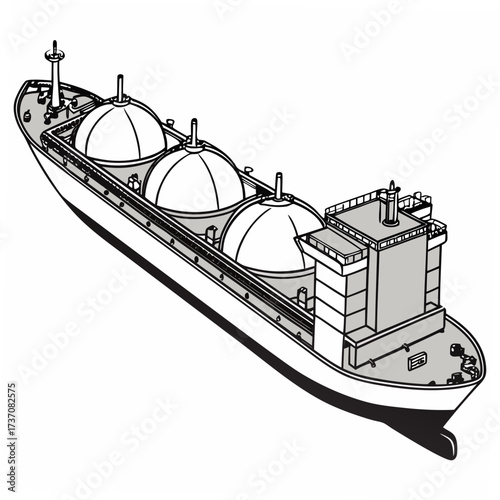 Illustration of a large lng carrier ship with three spherical cargo tanks for transporting liquefied natural gas