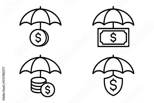 Money insurance line icon set with money under umbrella symbols, financial protection, safety shield, dollar coins and bills, risk coverage, secure investment, finance security vector