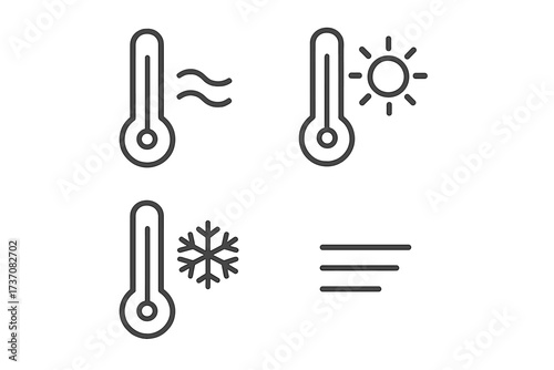 Minimalistic linear thermometer and temperature icons set, cold and hot weather symbols, snowflake, sun, wind, climate control pictograms for apps, web, and graphic design