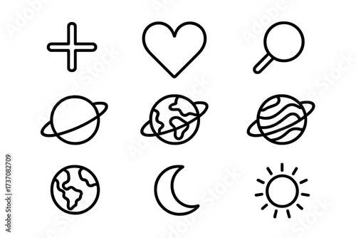 Planet and UI line icon set. Collection of minimalist outline signs for web and graphic design. Includes earth, sun, moon, heart, plus, and search icons. Vector illustration.