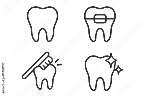 Tooth line icon set for dental care. Concepts of dentistry, orthodontics, teeth cleaning and whitening. Vector pictograms of tooth with braces, brushing, and healthy enamel.