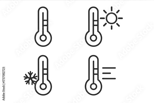Set of Minimalistic Line Icons of Thermometers and Temperature Symbols, Linear Vector Pictograms for Weather, Health, Climate, App UI, Web Design, Social Media, and Graphics
