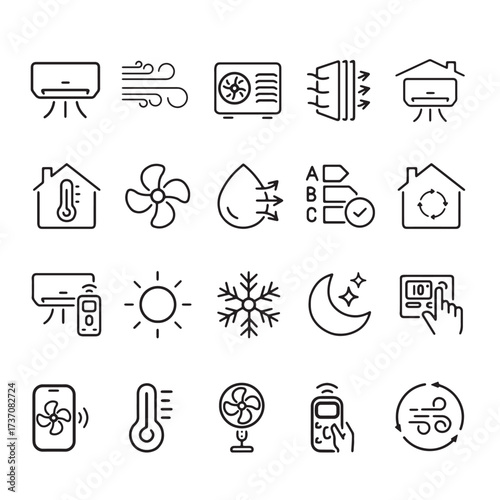 Air conditioner outline icon set. HVAC, climate control, home comfort symbol. Cooling, heating, ventilation, fan, and temperature icons. Vector outline pictograms for web.