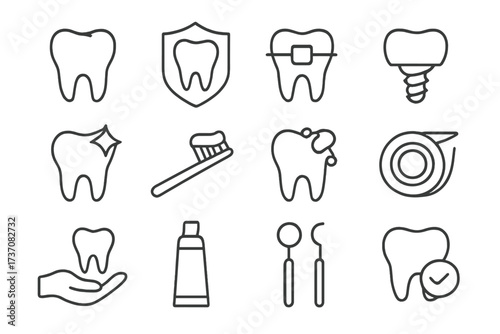 Set of minimalist dental line icons including tooth, braces, sparkling clean tooth, toothbrush, floss, dental tools, implant, and oral care symbols for web and graphic design