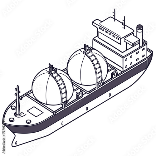 Isometric illustration of a cargo ship with large spherical tanks for transporting liquids or gases