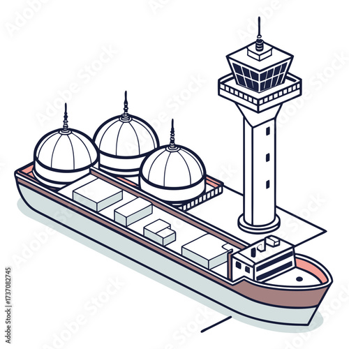 Isometric illustration of a cargo ship with spherical tanks and a control tower at a port