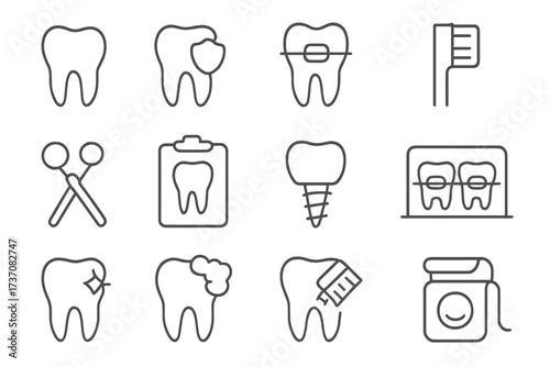Pack of minimalistic linear tooth and dentistry icons, braces, dental cleaning, oral care, dental tools, implant, x-ray, floss, teeth health vector set for web and graphic design