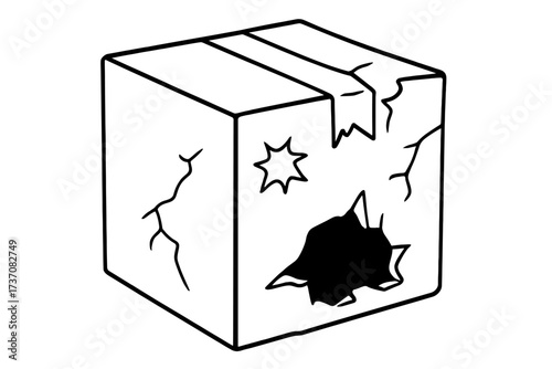 Broken box vector line icon. Damaged cardboard package cartoon illustration. Fragile cargo, shipping problem, delivery error concept. Carton with cracks and a hole. Outline.