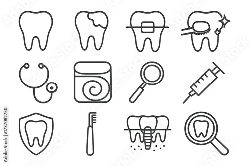 Minimalistic line icons set of teeth, dentistry, dental braces, teeth cleaning, oral health tools, dental care, dental implant, tooth protection, toothbrush, dental examination vector pack