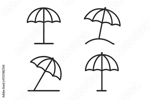 Parasol sunshade umbrella icons collection for beach protection, summer vacation, outdoor relaxation, sun shelter, thin line editable stroke vectors for web, app, card design
