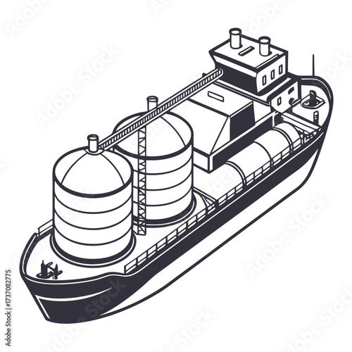 Isometric illustration of a cargo ship with large storage silos and tanks for bulk material transport