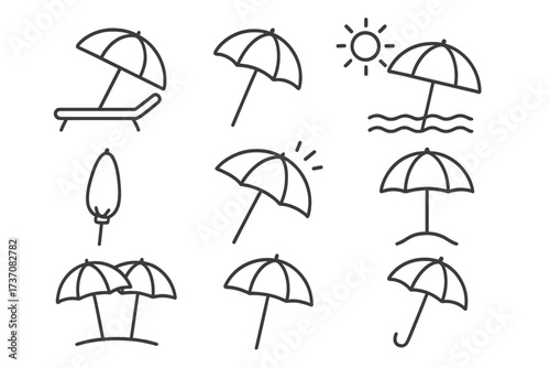 Parasol and sunshade beach umbrellas icons bundle, summer protection, sun shelter, beach essentials, vector thin stroke set for web, apps, cards design, editable cartoon illustration