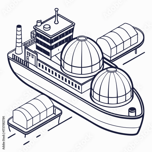 Isometric illustration of a cargo ship with spherical tanks and covered containers on water