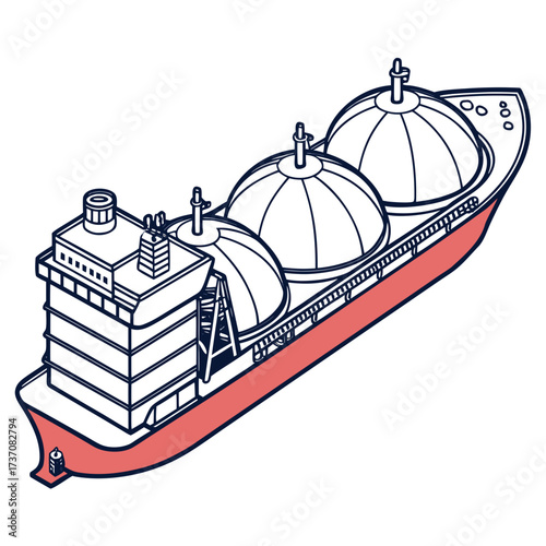 Isometric illustration of a large cargo ship with spherical tanks for transporting liquids or gases