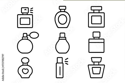 Perfume bottle line icon set. Fragrance and cologne spray linear pictograms. Beauty cosmetic product packaging simple outline vector illustration for web, app, and design.