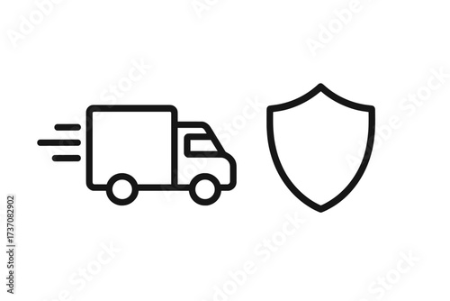 Safe delivery truck and shield icon. Secure transport and logistics symbol. Cargo insurance, freight protection, and shipping guarantee concept. Fast delivery service pictogram.
