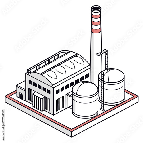 Isometric illustration of a modern industrial factory building with a tall smokestack and storage tanks