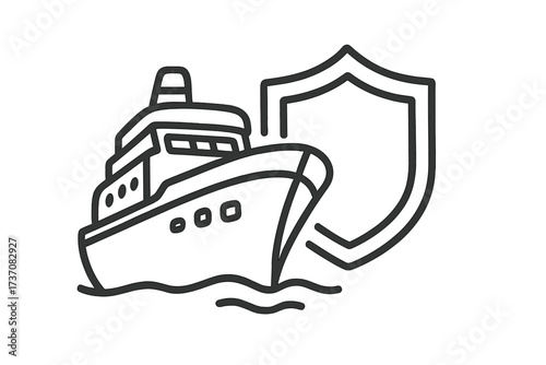 Boat insurance concept with yacht and shield. Maritime travel protection and security. Cruise ship safety symbol. Vector line art icon for web, app, and infographics.