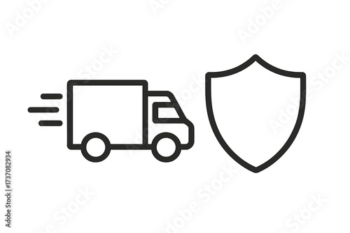 Secure delivery icon. Fast shipping and protected transport concept. Truck with shield for insurance and guarantee. Safe cargo and freight logistics symbol for web and apps.
