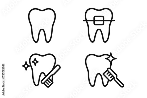 Dental care outline web line icons collection. Tooth with braces, brushing with toothbrush, healthy clean tooth. Dentistry, orthodontics, oral hygiene vector pictogram set.