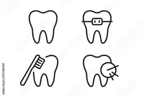Dental care icon set. Tooth, braces, brushing, toothache line icons. Dentistry, orthodontics, oral hygiene concept. Dentist pictogram for web, app, graphic design.
