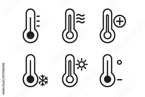 Thermometer temperature line icon set. Weather forecast symbol collection. Hot, cold, sun, snowflake signs. Climate measurement pictogram for web, app, UI, UX design. Vector.
