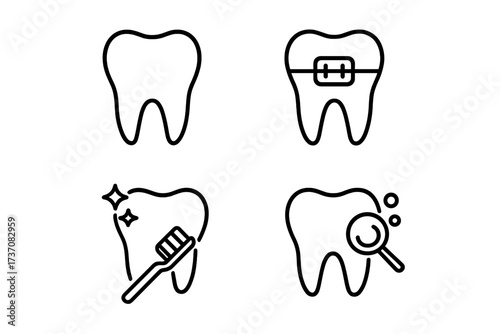 Dentistry and oral care line icon set. Tooth with braces, cleaning with toothbrush, and dental check up pictogram. Vector icons for stomatology, hygiene and orthodontics.