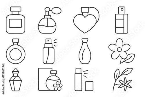 Perfume simple isolated line icons collection, editable stroke vector illustration, cosmetic fragrance bottle symbols, web design, apps, books, cards, cartoon style transparent background