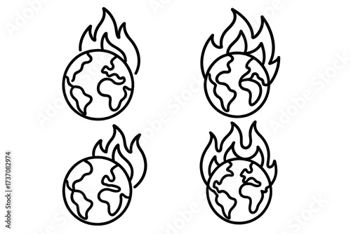 Planet Earth on Fire line icon bundle, outline vector signs for graphic design, web, apps, adverts, cards, environmental crisis, climate change, global warming, fire disaster