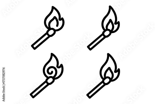 Matchstick line icon set. Burning match with fire flame vector illustration. Simple outline pictogram for web and apps. Symbol of heat, light, energy, danger and idea. Minimalist art.