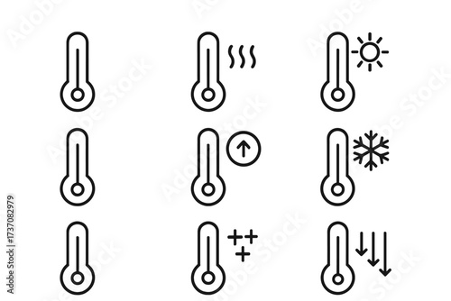Thermometer line icon set for weather and temperature. Vector pictograms of hot, cold, sun, and snowflake symbols. Minimalist climate forecast signs for web and apps.