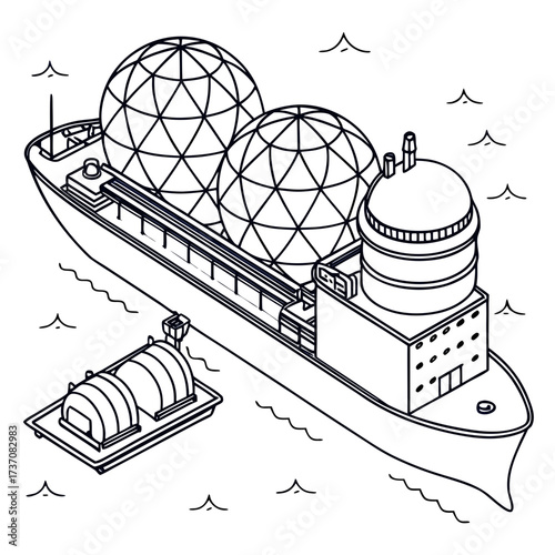 Large cargo ship transporting spherical tanks and a smaller barge with cylindrical containers on the water