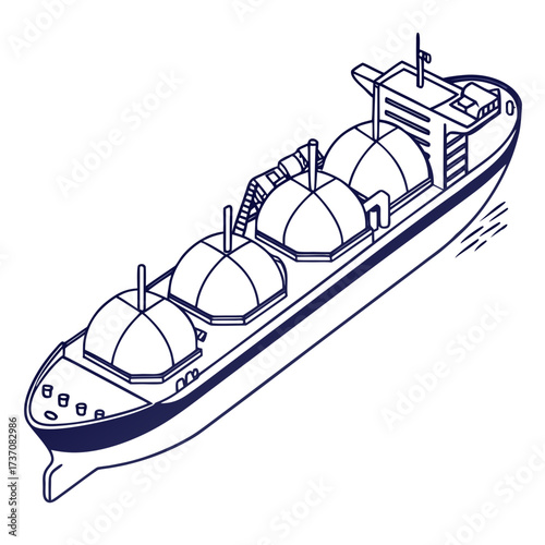 Isometric line art illustration of a large cargo ship carrying spherical tanks on its deck