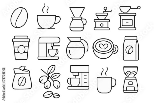 Set of coffee icons line art. Roasted coffee beans, brewing tools, espresso machine, steaming cups, latte art, coffee grinder, coffee plant branch, to-go cup, coffee bag. Vector outline collection.