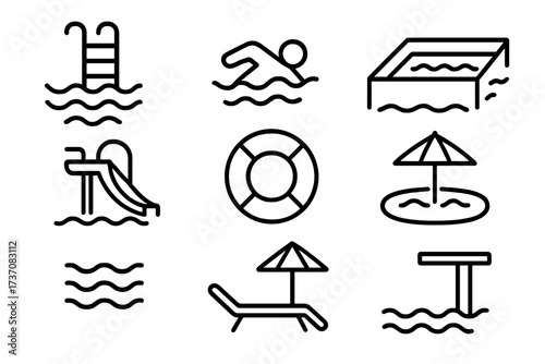 Set of Minimalistic Swimming Pool Icons with Ladder, Swimmer, Slide, Lifebuoy, Diving Board, and Sun Umbrella for Web, Graphic Design, Apps, Social Media, and Banners