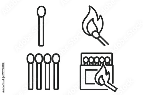 Matchstick outline icon set. Vector collection of burning and unlit matches. Simple fire and flame symbol for web design and apps. Matchbox graphic illustration concept.